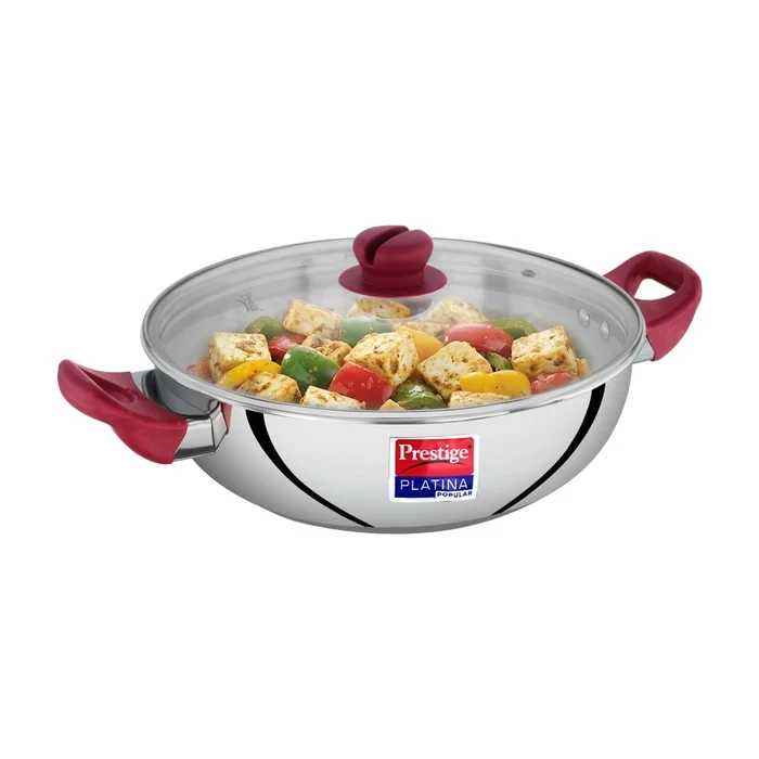 Prestige Platina Popular Stainless Steel Induction Base Kadai with Tempered Glass Lid (26 CM / 3.8L & 28 CM / 4.6L) | Gas & Induction Compatible - Model 36887 / 36888