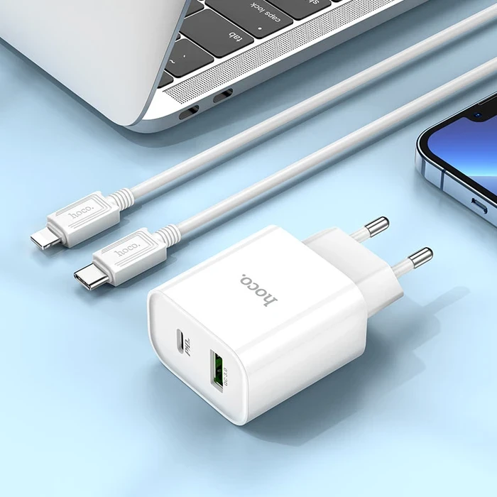 HOCO Plus Rapido Fast Charger Set | PD 20W + QC 18W Dual Output Matrix | Type-C to Lightning Logic | White | C80Aput Matrix | Type-C to Lightning Logic | White C80A