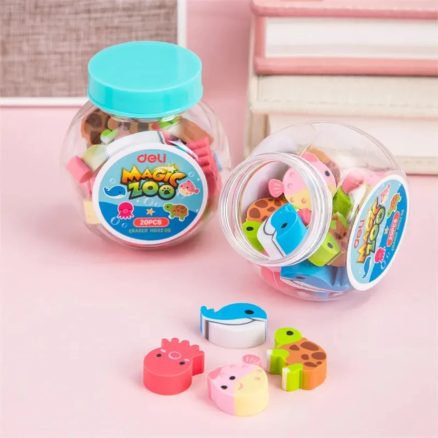 Deli Cartoon Animal Eraser Set | 20 Pcs Assorted PVC-Free & Non-Toxic Cute Shaped Erasers in Portable Tube for Kids, Home & Office | EH03206