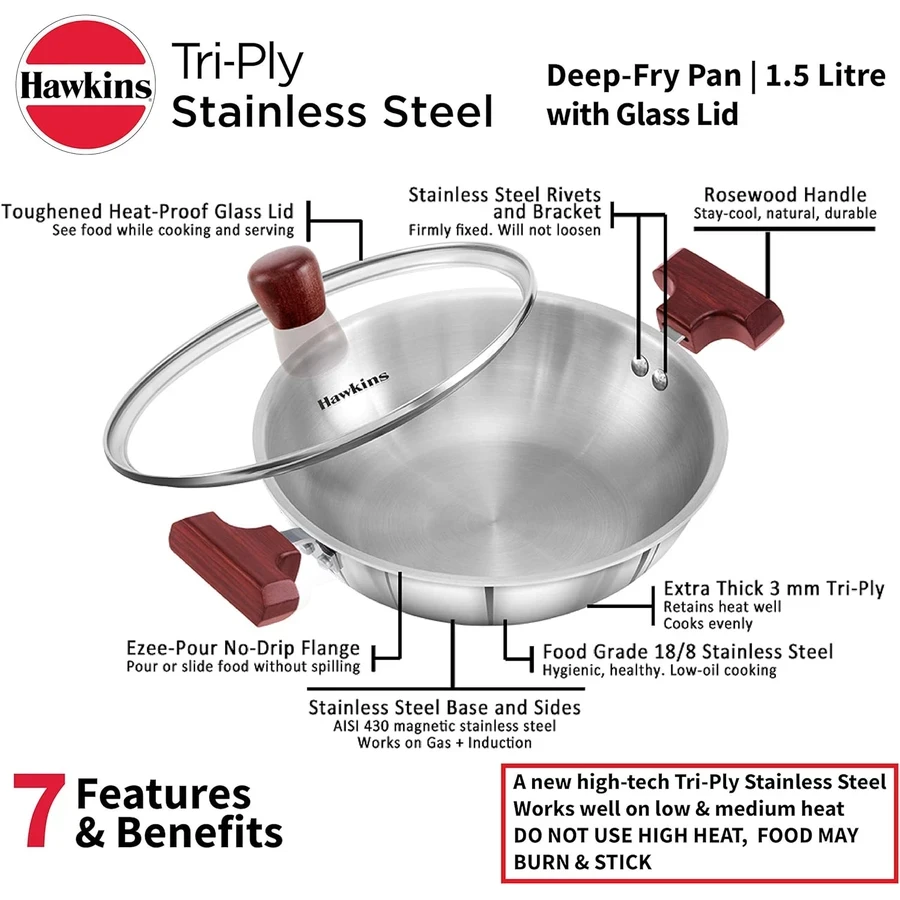 Hawkins SSD15G 1.5L Tri-Ply Stainless Steel Deep Fry Pan (Kadhai) with Glass Lid | Induction & Gas Compatible | Silver