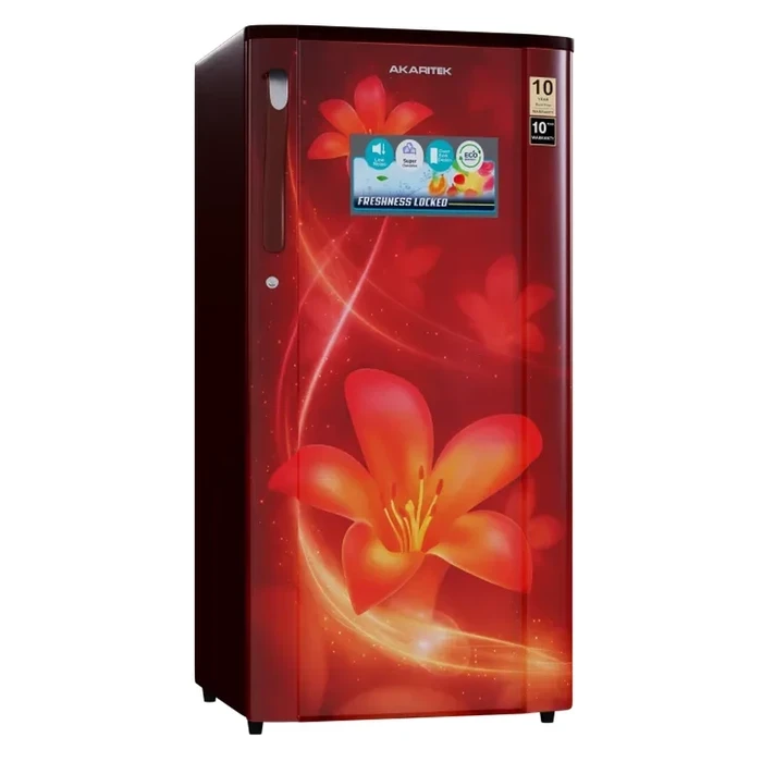 Akaritek 180L & 200L Single Door Refrigerator | A++ Energy Saving | Red Floral PCM Finish | Toughened Glass Shelves | Anti-Bacterial Gasket | R600a Refrigerant | AK-RS180RE & AK-RS200RE