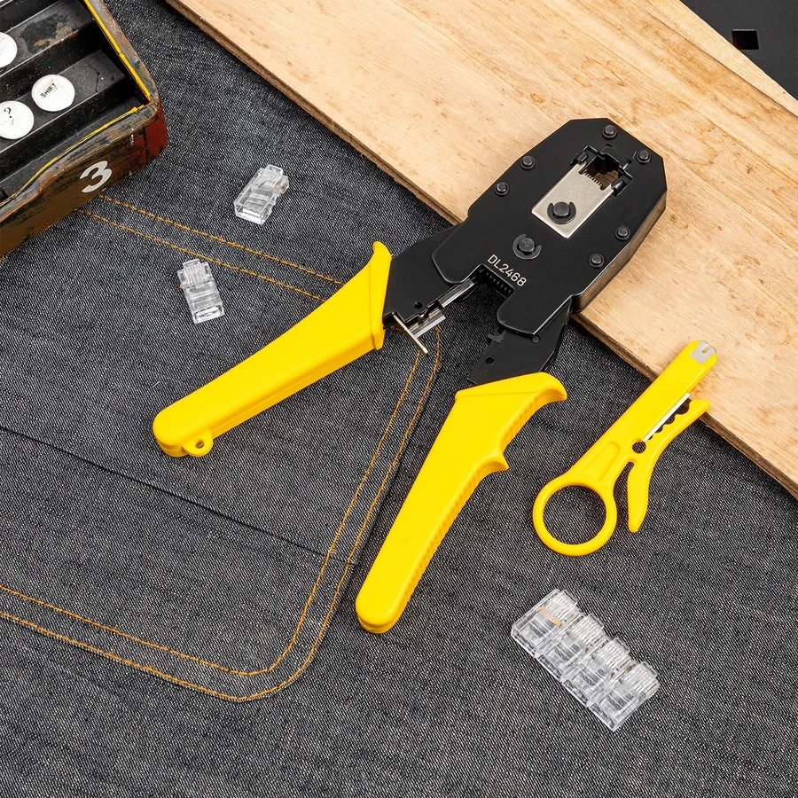 Deli Professional Ethernet Crimper 4/6/8P Multi-Function Tool for Cutting, Stripping & Crimping RJ45/RJ11 Connectors with Cold-Rolled Steel & PVC Grip (Yellow) | EDL2468