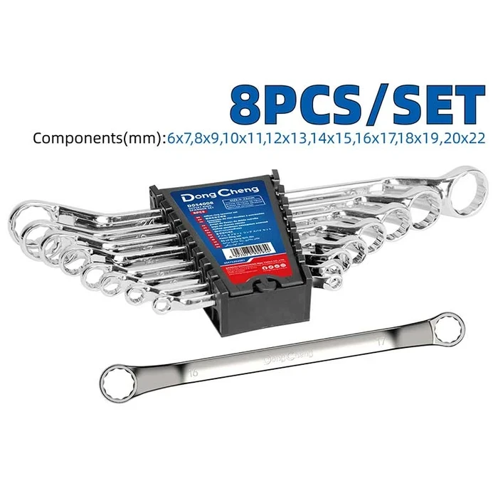Dongcheng 8-Piece Deep Offset Ring Spanner Set (6–22mm) | Forged Alloy Steel Fine Polished 75° Bi-Hex Box End Wrenches with Matte Chrome Finish | DG Series