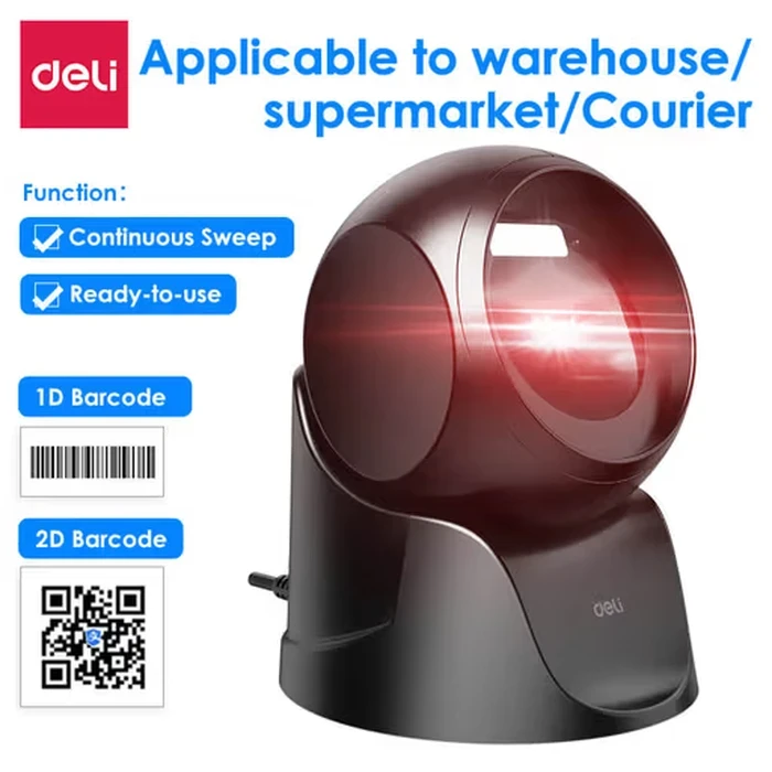 DELI Hands-Free Desktop 1D & 2D Barcode Scanner | CMOS Omnidirectional Mobile Screen & Paper USB POS Reader | ES231