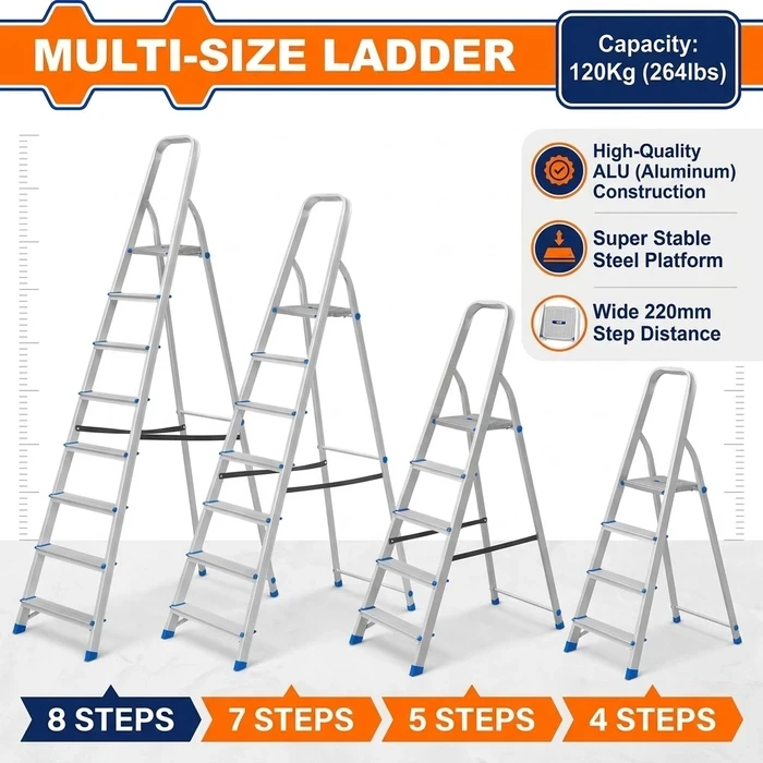 Wadfow Aluminum & Steel Household Folding Step Ladder with Top Steel Platform (120 Kg Max Load / 4, 5, 7, 8 Steps) - WLD3H05 Series