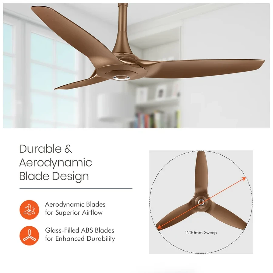 Orient Aeroquiet 1200mm (1230mm) Ultra-Quiet High-Airflow Ceiling Fan | 240 CMM Air Delivery Aerodynamic 3-Blade Modern Ceiling Fan in Caramel Brown & White  | Aeroquiet