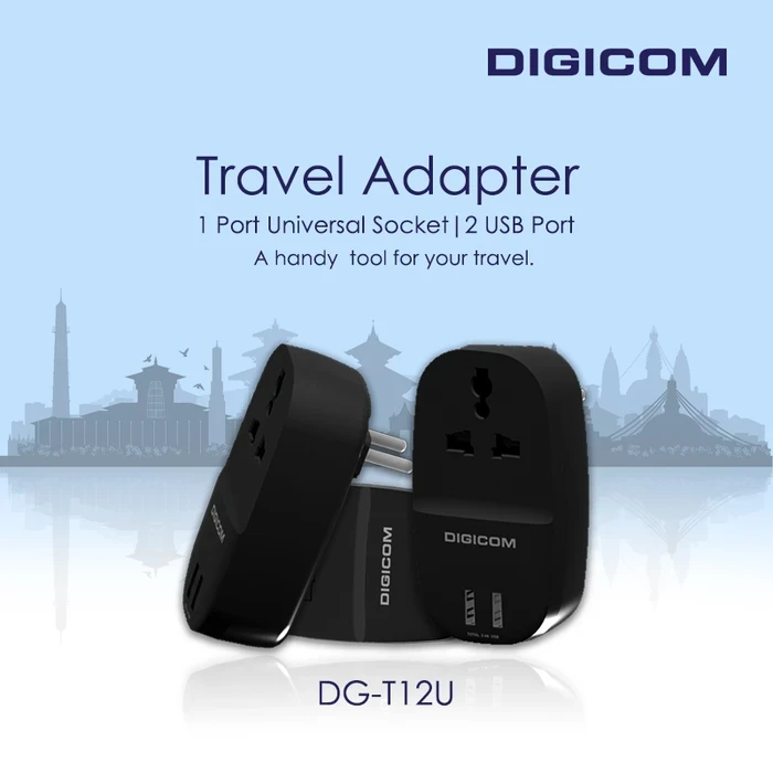 Digicom DG-T12U 1 Port Universal Socket & 2 USB Ports | 15A High Load Logic | Travel Optimized & 2500W Power Capacity | 2.4A USB