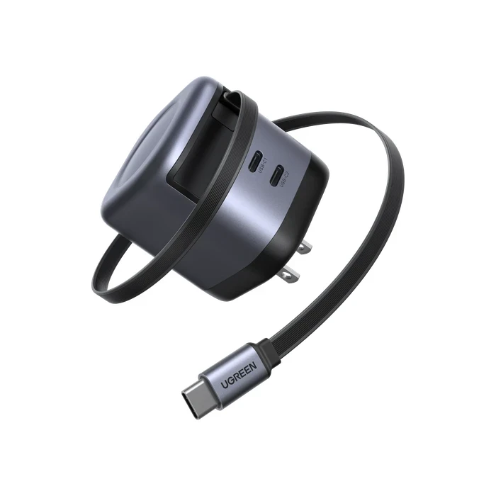 UGREEN 45W 3-Port GaN Fast Charger with Built-in 0.7M Retractable USB-C Cable | PD 3.0, PPS & UFCS Compact Multi-Device Wall Charger | UGREEN GaN Series