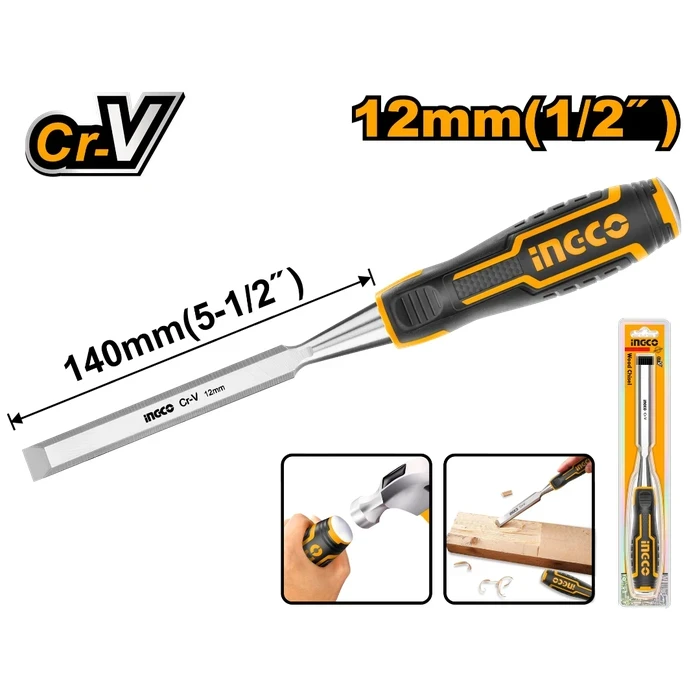 INGCO 25mm x 18mm x 300mm Professional Cold Chisel | Heavy-Duty Drop-Forged Heat-Treated 45# Carbon Steel Masonry Demolition Tool with Shock-Absorbing Unique Design Handle | HCCL082412