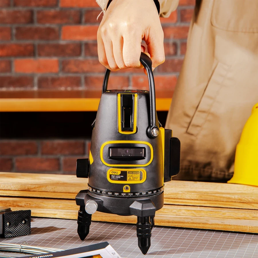 Deli 3-Line LD Green Beam Self-Leveling Laser Level | High-Visibility Outdoor Cross-Line Laser with 360° Rotary Base, ±3° Auto-Alarm & Plastic Case | EDL332303