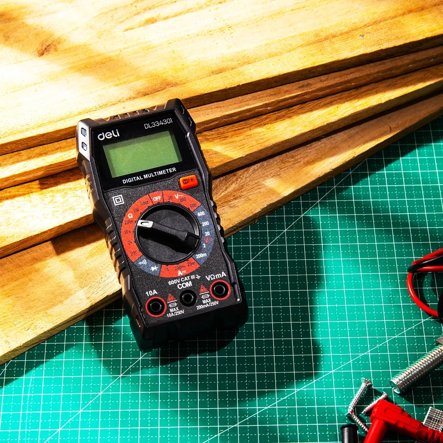 Deli Digital Multimeter CAT III 600V Manual Ranging 3 1/2 Digit Display for AC/DC Voltage, DC Current & Resistance with LCD Backlight (Red) | EDL334301