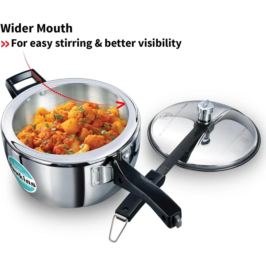 Hawkins HSST35 3.5L Tri-Ply Stainless Steel Pressure Cooker | 3mm Extra Thick | Induction Compatible | Wide Mouth | Silver