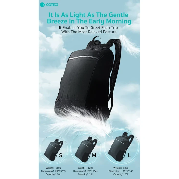 COTECi Foldable Waterproof Luggage Backpack with Rainproof Hat | Ultra-Light Packable Travel Daypack | 10L (S), 15L (M), 20L (L) | TR-025 / TR-026 / TR-027