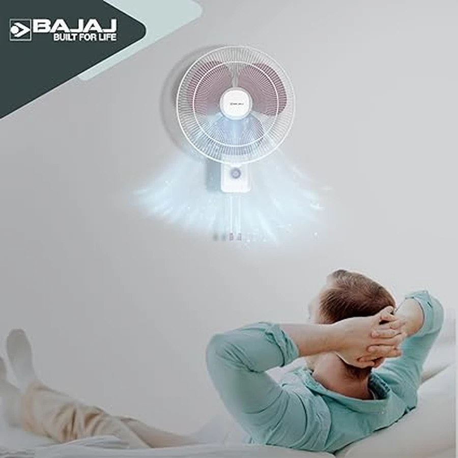 Bajaj Robusto 16" Wall Fan | High-Performance Shield Series Motor & 3 Aerodynamic Blades | Pull-Cord Regulation & Gloss Finish | Lavender & White | 252002
