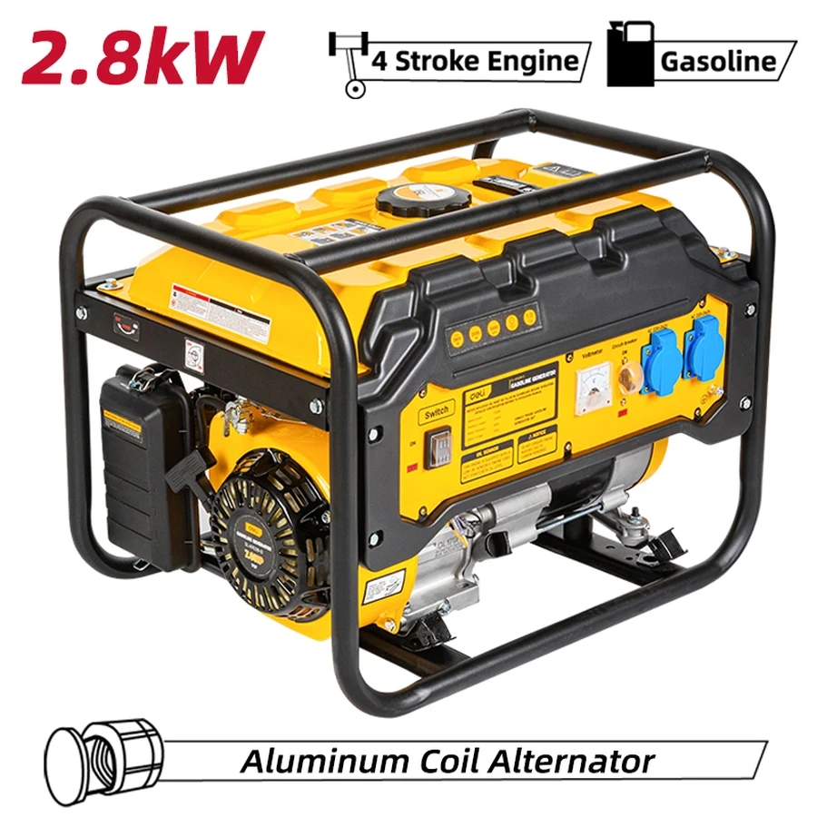 Deli 2.8kW Max (2.5kW Rated) 4-Stroke OHV Gasoline Generator | 15L Fuel Tank Recoil Start Aluminum Wire Motor Generator with Steel Roll Cage (Yellow) | EDL-KFD28-E1