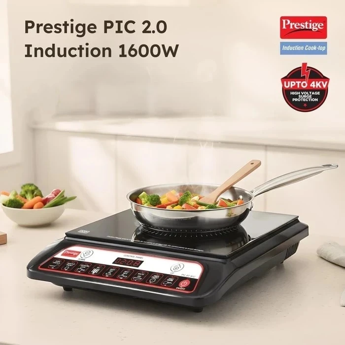 Prestige PIC 20.0 1600W Induction Cooktop with Automatic Whistle Counter & Keep Warm Function | Feather Touch Glass Top Stove - Model 41998