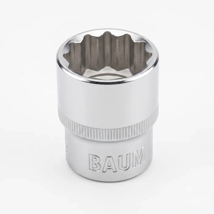 Baum 1/2" Drive Mid-to-Large Metric Chrome Vanadium Steel Matte Double Chrome Plated 12-Point Bi-Hex Shallow Hand Tool Wrench Socket Art-214