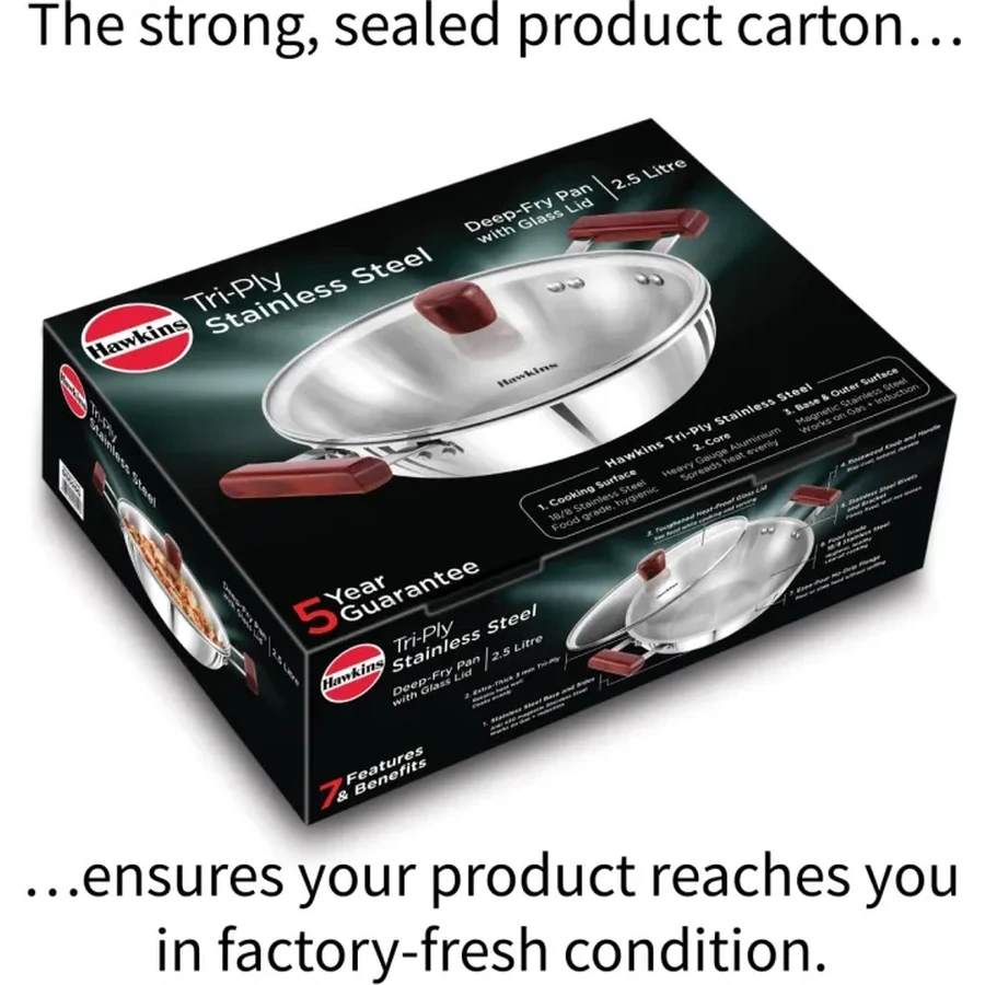 Hawkins SSD25G 2.5L Tri-Ply Stainless Steel Deep Fry Pan (Kadhai) with Glass Lid | 26 cm | Rosewood Handles | Induction & Gas Compatible