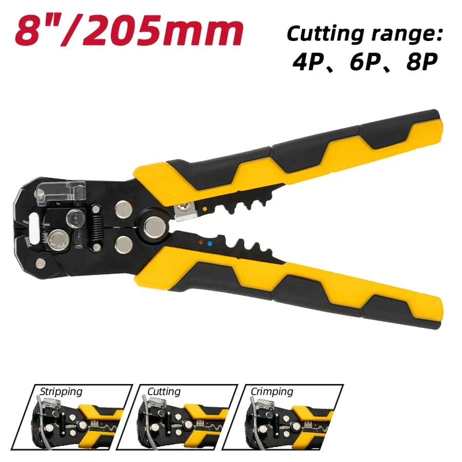 Deli Multi-Function Wire Stripper 0.2-6mm² Capacity with 3-in-1 Stripping, Cutting & 4P/6P/8P Crimping Functions (Yellow/Black) | EDL2018
