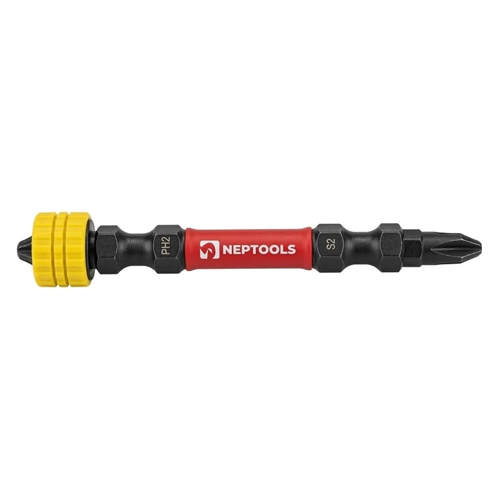 NEPTOOLS 65mm PH2+PH2 Double Ended Magnetic Impact Screwdriver Bit | S2 Industrial Steel Shock Zone with High-Visibility Sleeve INSDR65-PH2