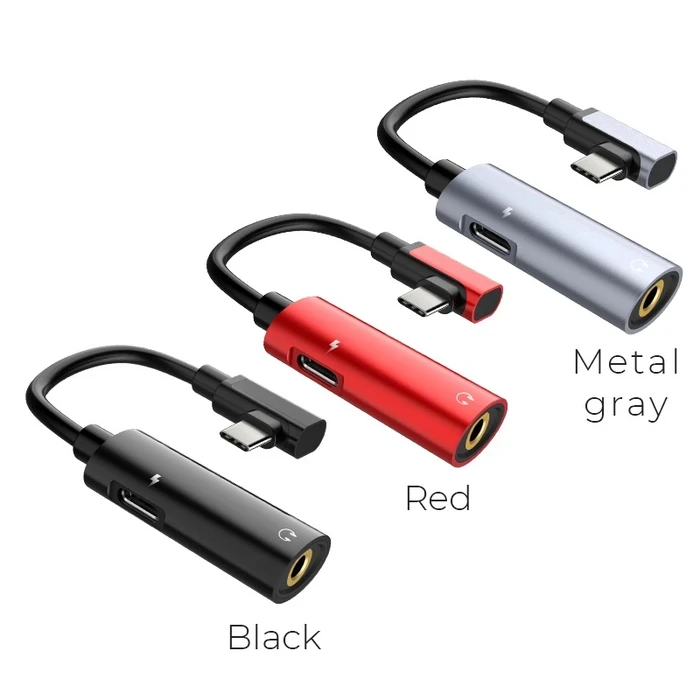 Type-C to 3.5mm Aux Audio Converter | 1.5A Pass-Through Charging Sub-Two Splitter Cable | Built-In Inline Microphone Input Support Adaptive Hub | Black / Metal Grey / Red | Ls19