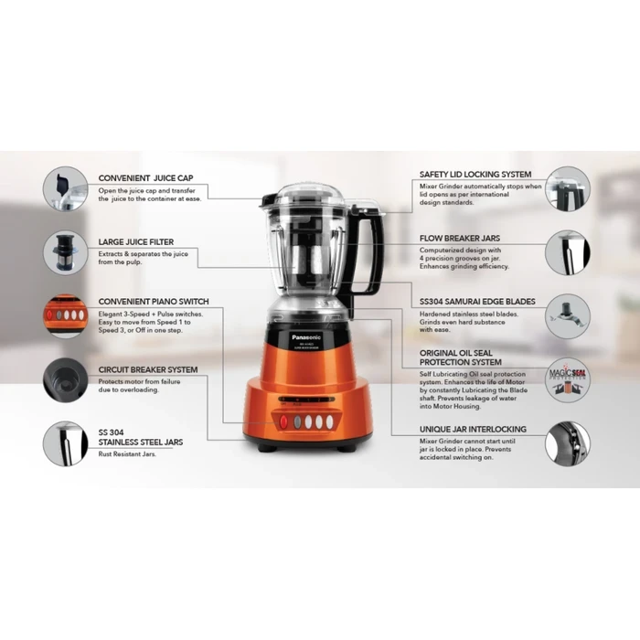 Panasonic 600W Elements Mixer Grinder with 3 Stainless Steel Jars & 1 Juicer Jar | Safety Lock Overload Protection | Wet Dry Blending Chutney Grinding Quartz Yellow/Rustic Red/Sunstone Orange/Charcoal