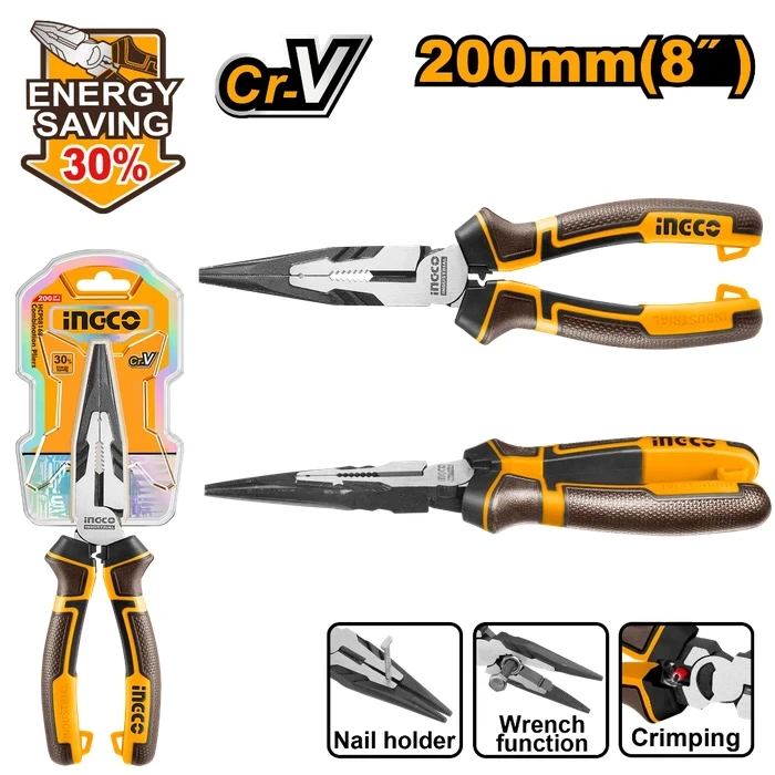 INGCO 8" / 200mm Professional High Leverage Long Nose Pliers | 30% Energy Saving Cr-V Wire Tool with Integrated Crimping, Spanner & Nail Holder Functions | HHLNP28200