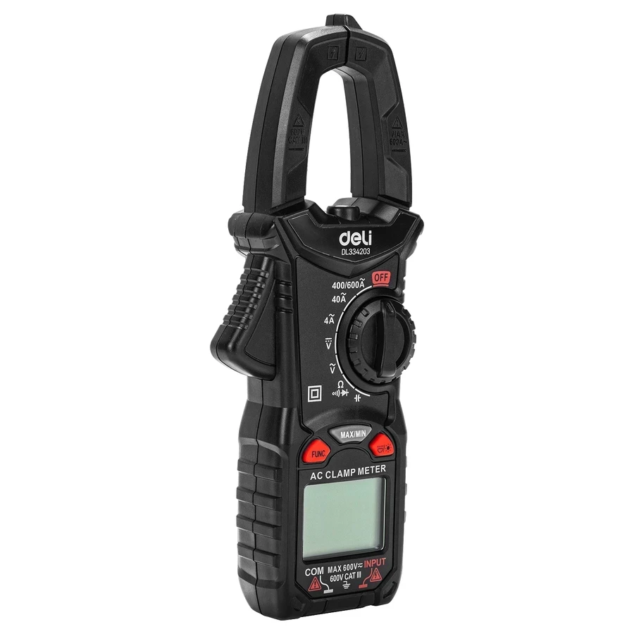 Deli Digital Clamp Multimeter CAT III 600V Auto Ranging 25mm Jaw Clamp for AC/DC Voltage, AC Current & Resistance with Backlight & Data Hold (Red) | EDL334203