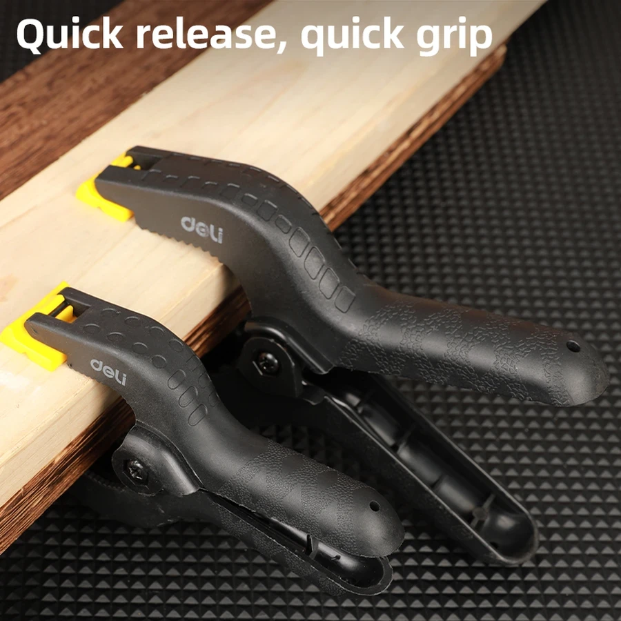 Deli Heavy Duty Spring Clamp 4" Max 30mm Clamping Diameter Durable Nylon Body & Quick Release Action for DIY, Crafts & Light Holding (Yellow/Black) | EDL110004-2S