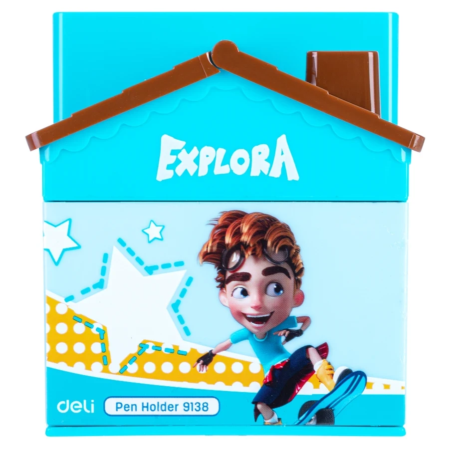Deli Explora House-Shaped Student Desk Organizer | 3 Storage Compartments & 1 Pull-Out Drawer, PS Plastic (Blue) | E9138