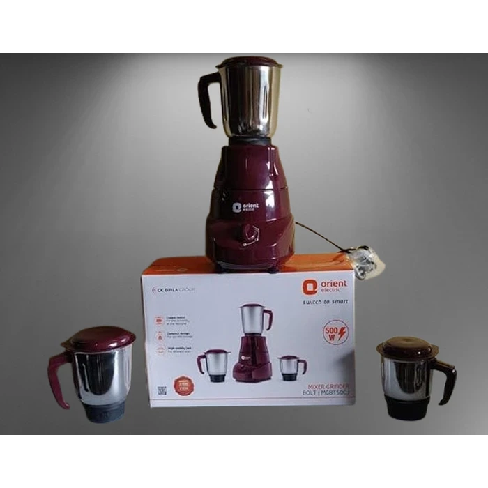 Orient Bolt Super 500W Tower Shape 3-Jar Mixer Grinder | High-Torque Balanced Coil Motor with Stainless Steel Blades, 3-Speed Dial & 2.2A Overload Protection (Cherry Brown) | MGBS50C3