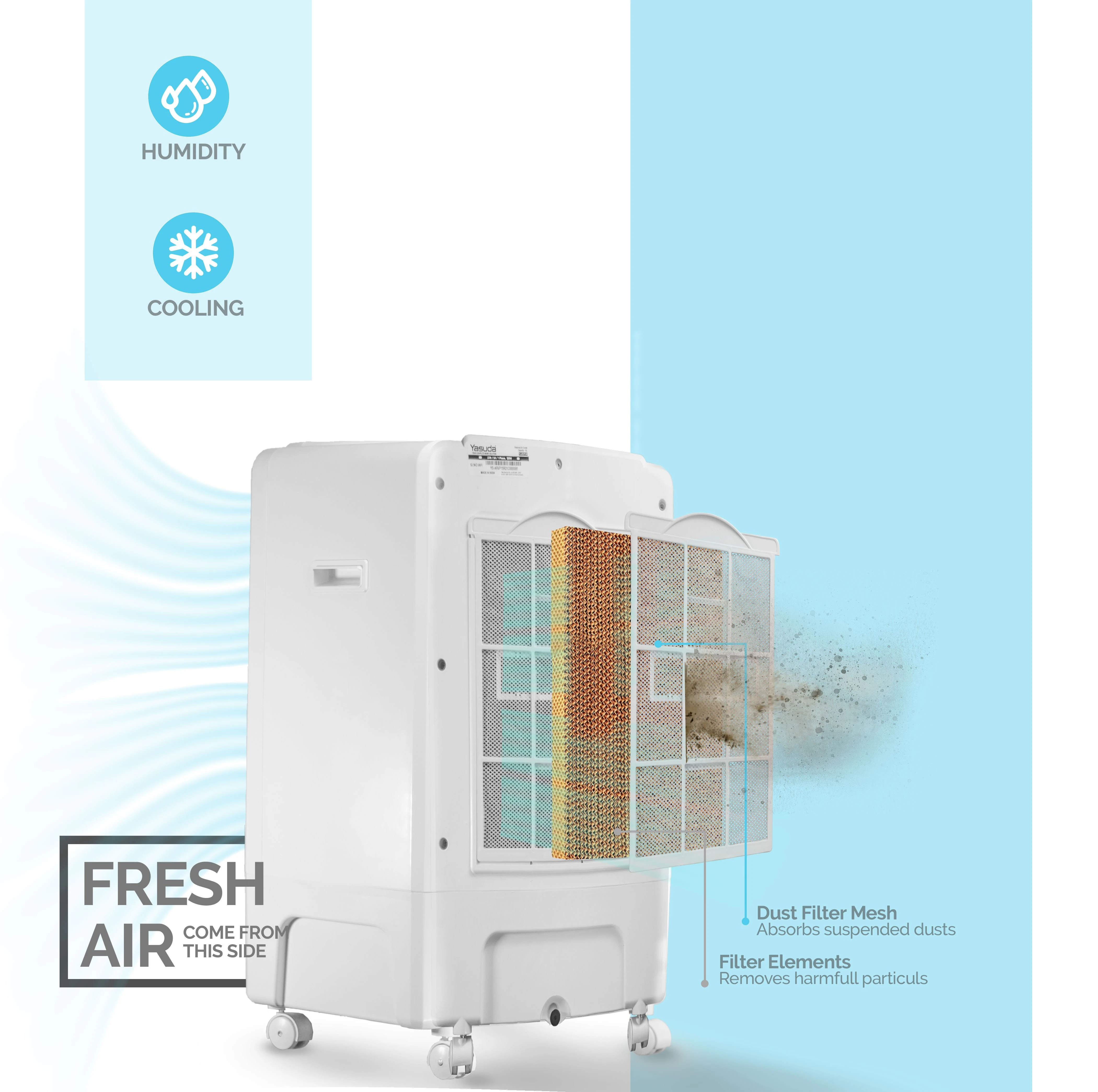 Yasuda Personal Evaporative Air Cooler | 15L Water Tank & Multistage Air Purification Filters | High-Velocity 11ft Blower Throw & Honeycomb Pad | Wireless Remote Control | YS-ARVP15R