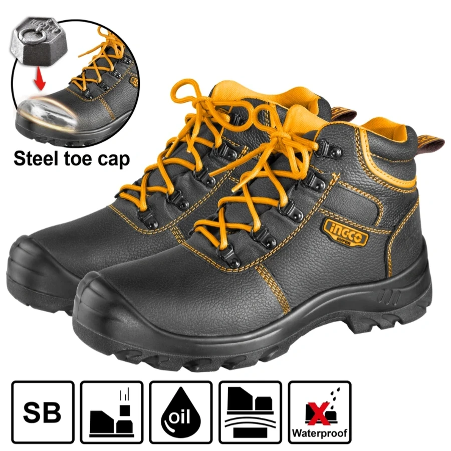 INGCO Professional Industrial Safety Boots | SB Grade Steel Toe Protection with Dual-Density PU Sole & Split Leather Upper | Sizes 40, 41, 42, 43