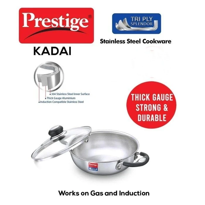 Prestige Triply Splendor Stainless Steel Induction Base Kadai with Tempered Glass Lid (24 CM / 2.7L & 26 CM / 3.25L) | 3-Layer Composite Cookware - Model 37424 / 37425