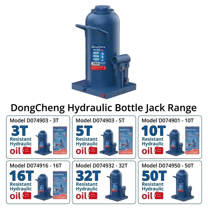 Dongcheng DG Heavy-Duty Hydraulic Bottle Jack Series (3T, 5T, 10T, 16T, 32T, 50T) | Built-in Safety Overload Valve with Forged Steel Base & Welded Cylinder Body | DG Series