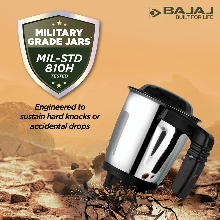 Bajaj Military Series Finesse 750W Mixer Grinder | Stainless Steel Jars & Portable Design | Midnight Black & Copper | 410592