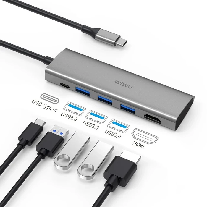 WIWU Alpha 5-in-1 USB-C Hub | Triple USB 3.0 & 4K HDMI Matrix | Type-C Data Interface | Grey | A531H