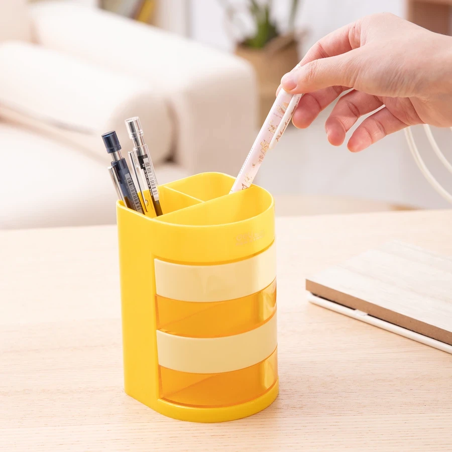 Deli Multi-Function Tower Desk Organizer | 3 Upper Compartments & 4 Rotatable Drawers, PS Plastic (Yellow) | E904