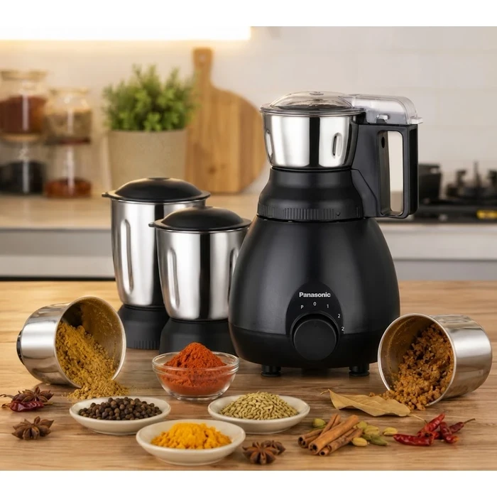 Panasonic 750W Trimax Series Mixer Grinder with 3 Stainless Steel Jars | Copper Motor SS304 Blades & Overload Protection (Black / Blue / Pista) - MX-GN5003