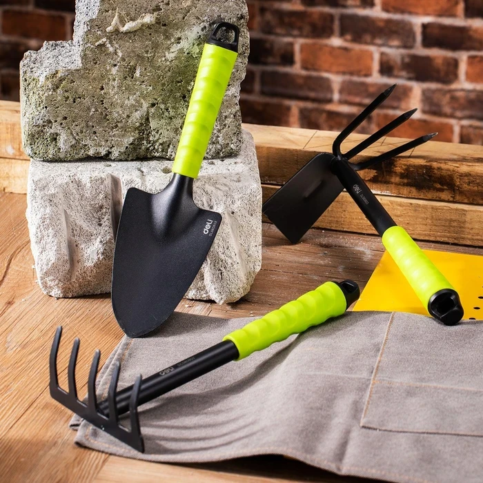 Deli 3-Piece Professional Gardening Tool Set | Heat-Treated Carbon Steel Hoe, Wide Shovel Spade & 3-Prong Rake Kit with 310mm Ergonomic Comfort Handles | EDL580803