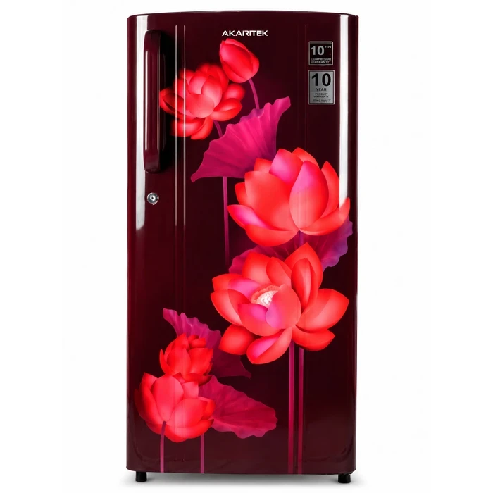 Akaritek 200L Single Door Refrigerator (A++ Energy Saving, R600a) | Toughened Glass Shelves & Anti-Bacterial Gasket Floral Fridge in Red & Blue | AKDS200 Series