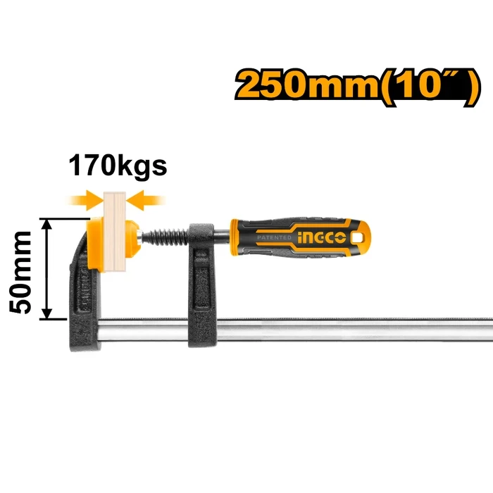 INGCO 50mm x 250mm F Clamp with Ergonomic Plastic Handle | Heavy-Duty 170KGS Max Force Woodworking Guide Bar Clamp with 11mm Screw Thread & 5mm x 15mm Iron Ruler Rail | HFC020503