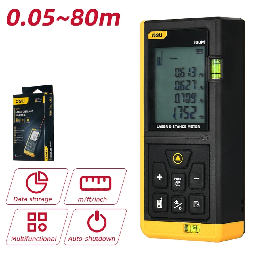 Deli 100M Professional Handheld Laser Distance Meter | Millimeter-Accuracy Rangefinder with 1.7" Screen, Dual Laser Projection & 30-Group Data Storage | EDL4170 Yellow