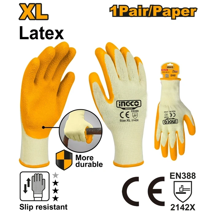 INGCO Size XL Latex-Coated Anti-Slip Work Gloves (21-Gauge Polyester Liner, EN388:2016 2142X Certified) for Logistics & Handling | HGVL05