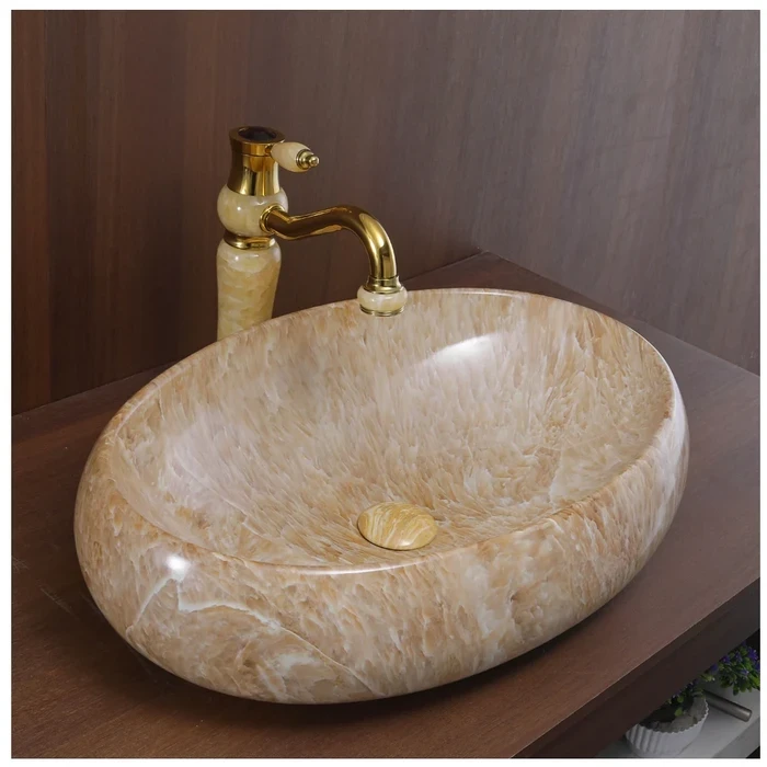 Toyo Rose-121 Ceramic Countertop Art Basin 16"x24" | Brown Onyx Luxury Patterned Finish | Stain Resistant Easy to Clean Bathroom Wash Basin | 600x400x160mm