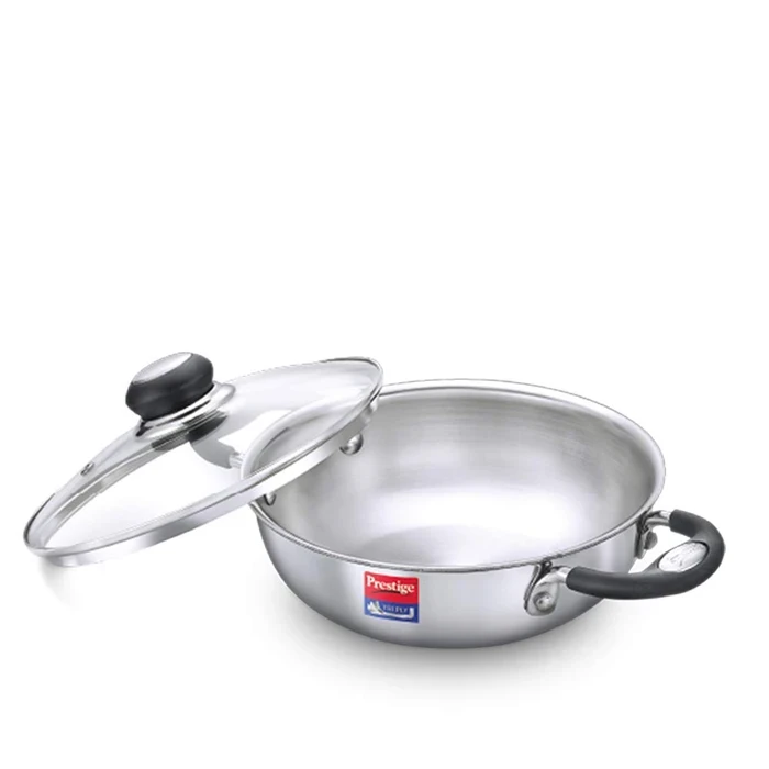 Prestige Triply Splendor Stainless Steel Induction Base Kadai with Tempered Glass Lid (24 CM / 2.7L & 26 CM / 3.25L) | 3-Layer Composite Cookware - Model 37424 / 37425