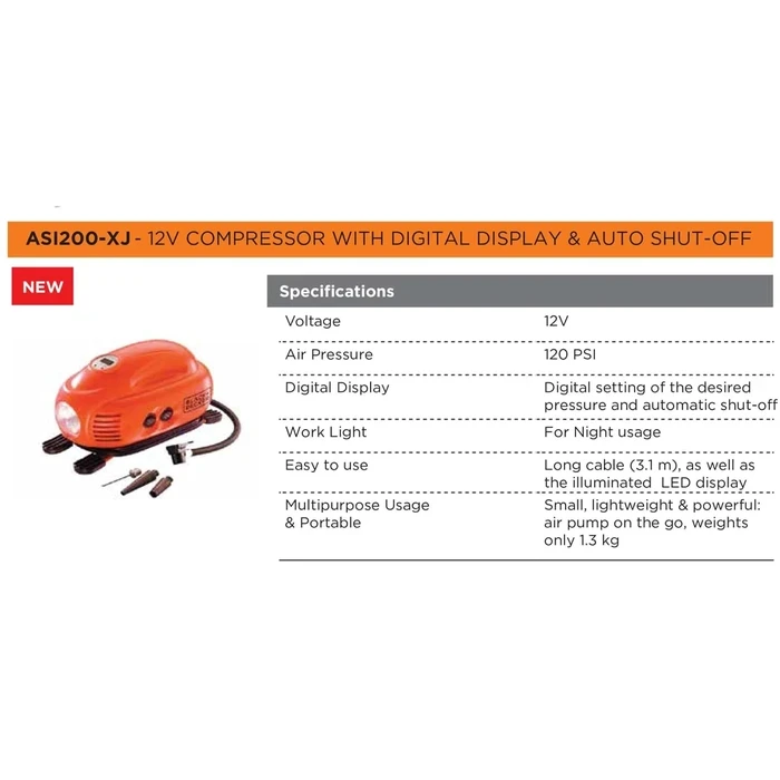 BLACK+DECKER 12V Multi-Purpose Digital Air Inflator | 8.27 Bar (120 PSI) Auto Shut-Off Portable Car & Bike Tire Pump | ASI200-XJ