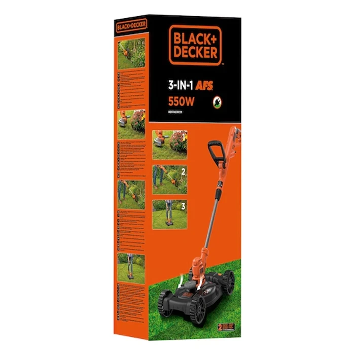 BLACK+DECKER 550W 3-in-1 30cm Corded Electric Multi-Function String Trimmer & Lawn Mower | AFS Auto-Feed with Detachable Wheeled Deck & Telescopic Pole | BESTA530CM-GB