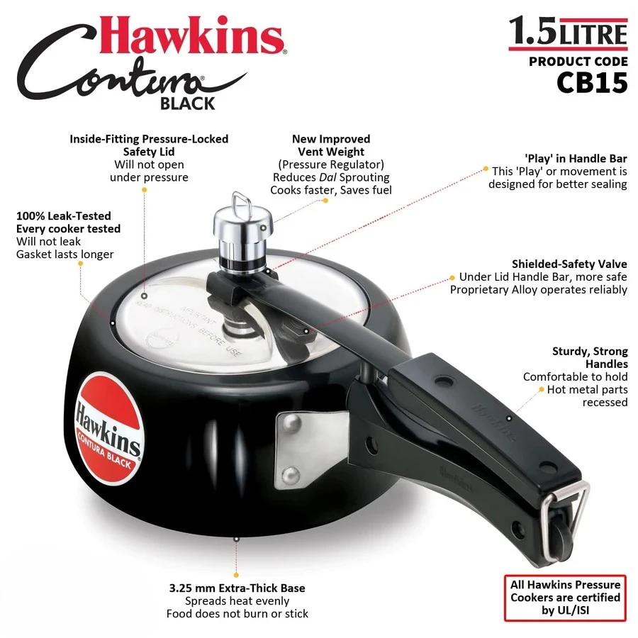 Hawkins Contura Black Pressure Cooker | Hard Anodised Body | Stainless Steel Lid | Rapid Heating Black Base | 1.5L to 5L