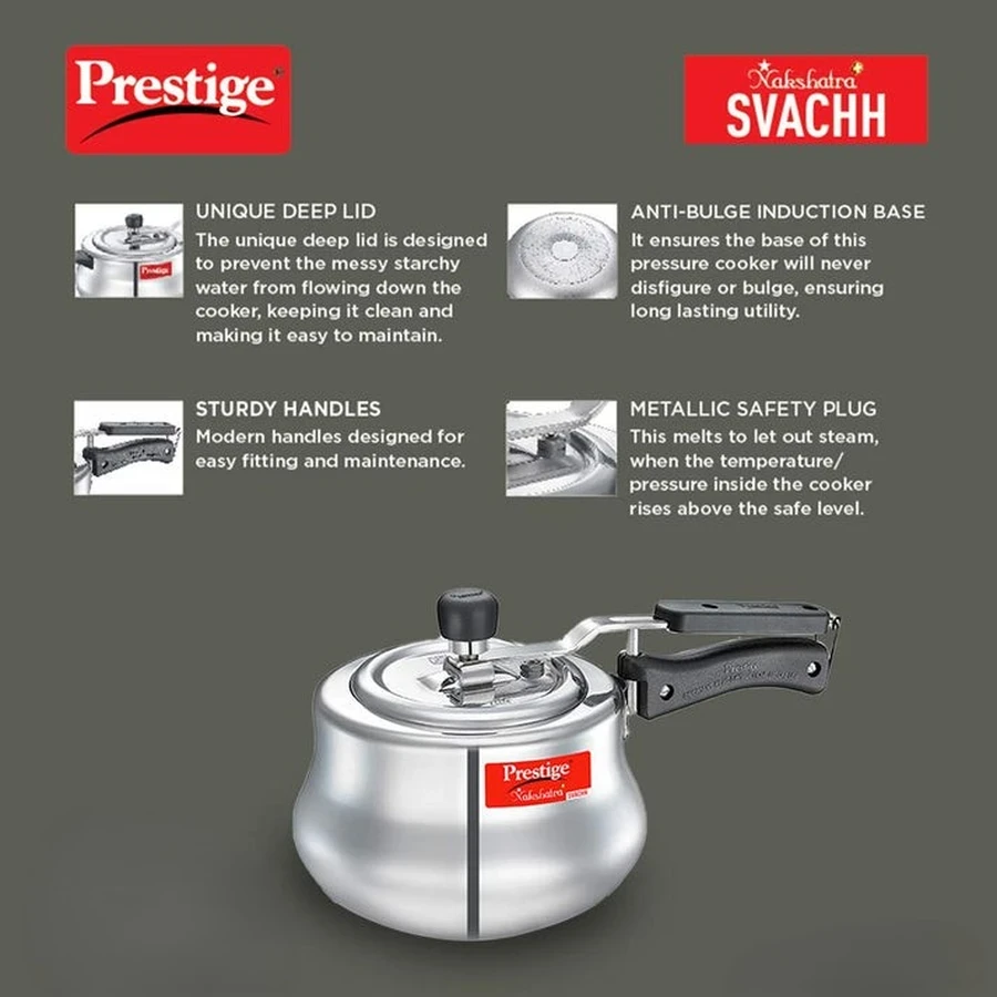 Prestige 10755 Nakshatra Plus Svachh Handi 2L High-Grade Aluminium Pressure Cooker | Deep Svachh Spillage Control Lid & Gas-Induction Base - Model 10755